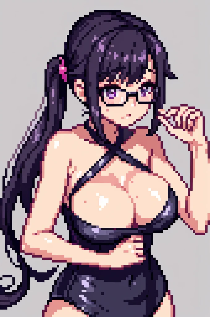 masterpiece,Big Breasts,beauty,Purple glasses.Black Hair,Side Ponytail,Pink Swimsuit,Shy,Wet