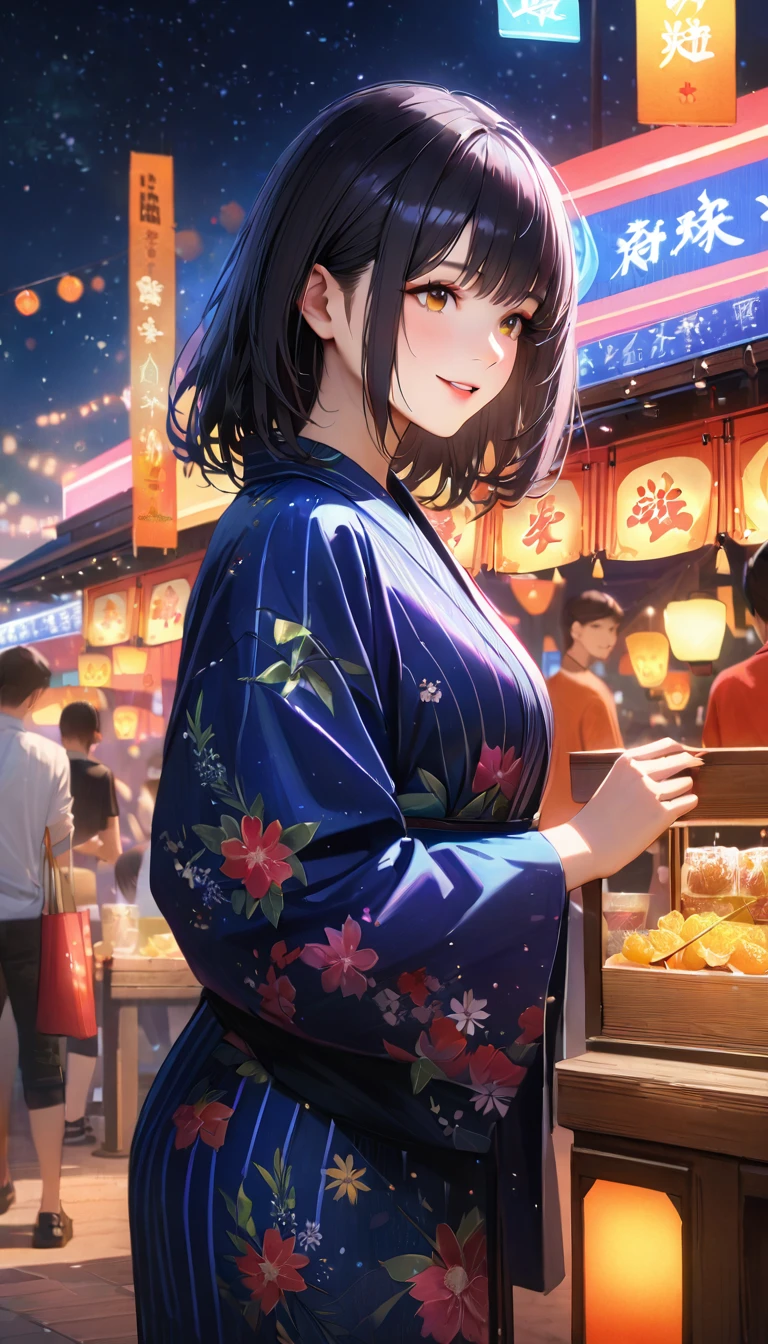 Summer festival,Date with her,night, Starry Sky,Cute Yukata,Gazing at the sky,high school girl,smile,Highest quality, 8k, High resolution, masterpiece:1.2, Very detailed, Realistic:1.37, High resolution, 超High resolution, Ultra-fine painting, Very detailed, Professional, Vibrant colors