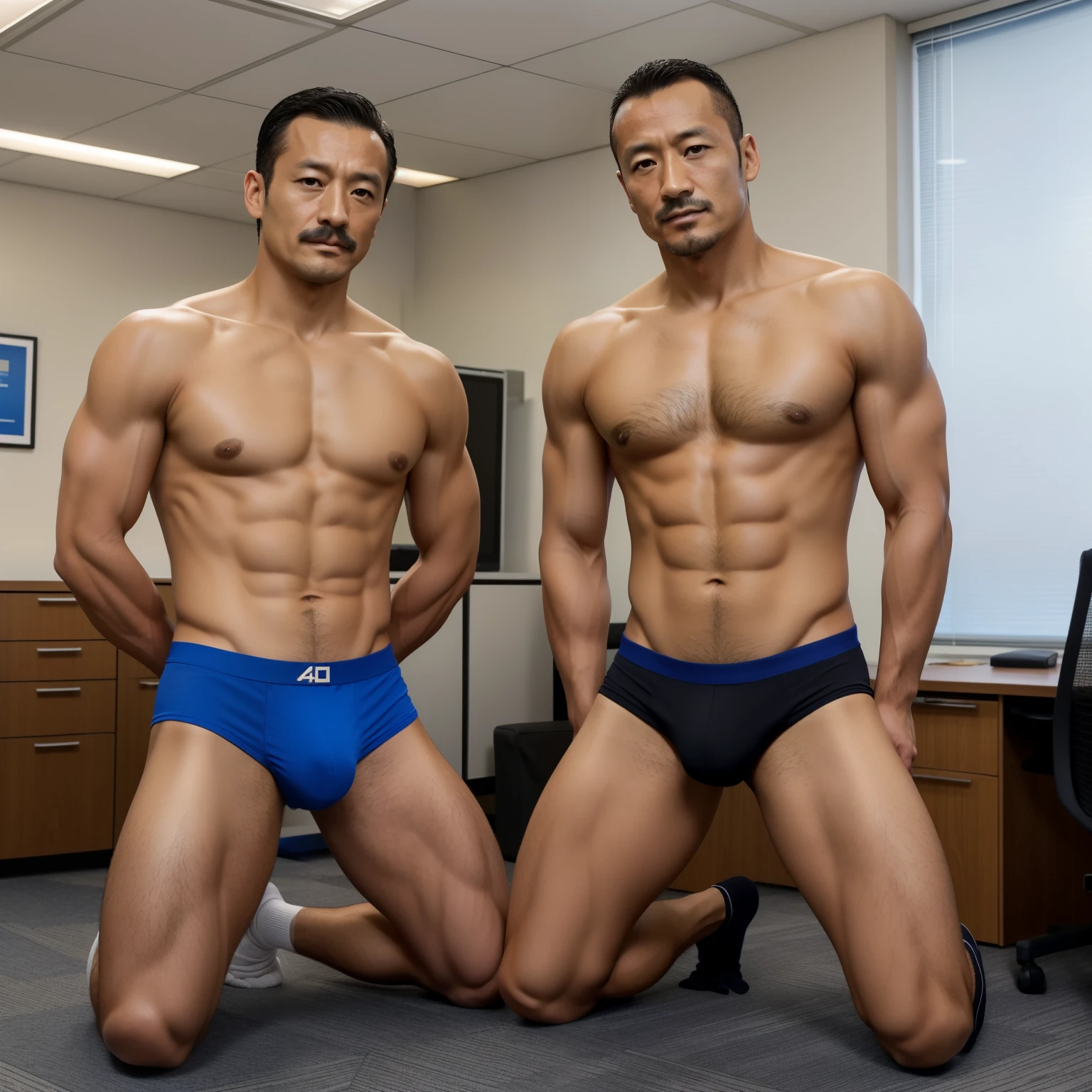 40 years old，Hidetoshi Nakata，（Kogoro Mori 1.3），Two skinny muscular men kneeling，Hands behind back，office，whole body，Black socks，Thick body hair，Blue underwear，Topless，Densely hairy，Fortitude，HD，With a mustache，Polo Shirt