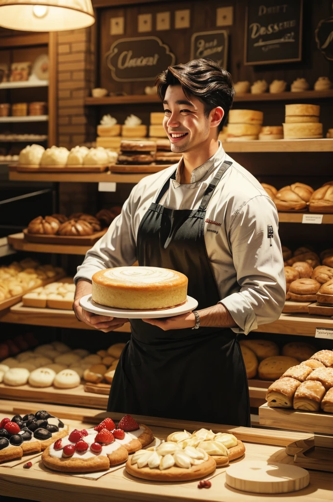 Illustration of a cheerful pastry chef, who sells his beautiful, big cakes in your cozy store.