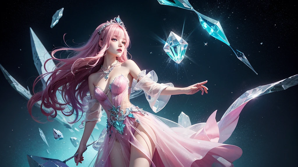 Highest quality，masterpiece，16K，One girl, bangs, Exposing shoulders, chest, Crown, crystallization, dress, From the side, gem,Colorful crystallizations,Crystal Headwear,There are many crystallizations on the clothes,Colorful Gradient Hair,カラフルなdress,Colorful crystals floating,Body crystals,Crystal Necklace,Colorful crystallization decoration,crystalline girl, Gradient Hair, jewelry, Long Hair, compensate, medium chest, Multicolored Hair, Pink Hair, alone, tiara