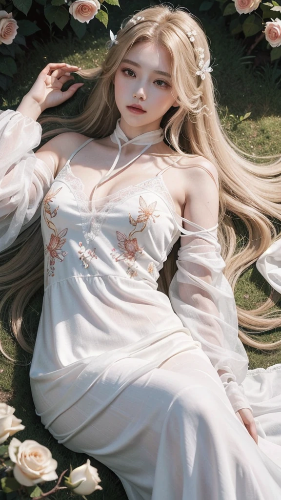 1 girl, Full body image, Flaxen hair, Flowing long hair, Hazy Beauty, Extremely beautiful facial features, White embroidered dress, Hairpin on head, Lying in the bushes, Hand dragging chin, Perfect hands, Rose, (spring, Rainy Day, Butterfly, cliff), Simple vector art, Chinese Contemporary Art, Soft Light, Tangled scarf, look down