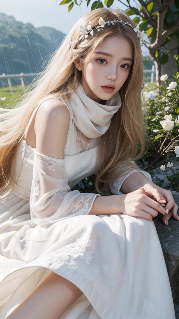 1 girl, Full body image, Flaxen hair, Flowing long hair, Hazy Beauty, Extremely beautiful facial features, White embroidered dress, Hairpin on head, Lying in the bushes, Hand dragging chin, Perfect hands, Rose, (spring, Rainy Day, Butterfly, cliff), Simple vector art, Chinese Contemporary Art, Soft Light, Tangled scarf, look down
