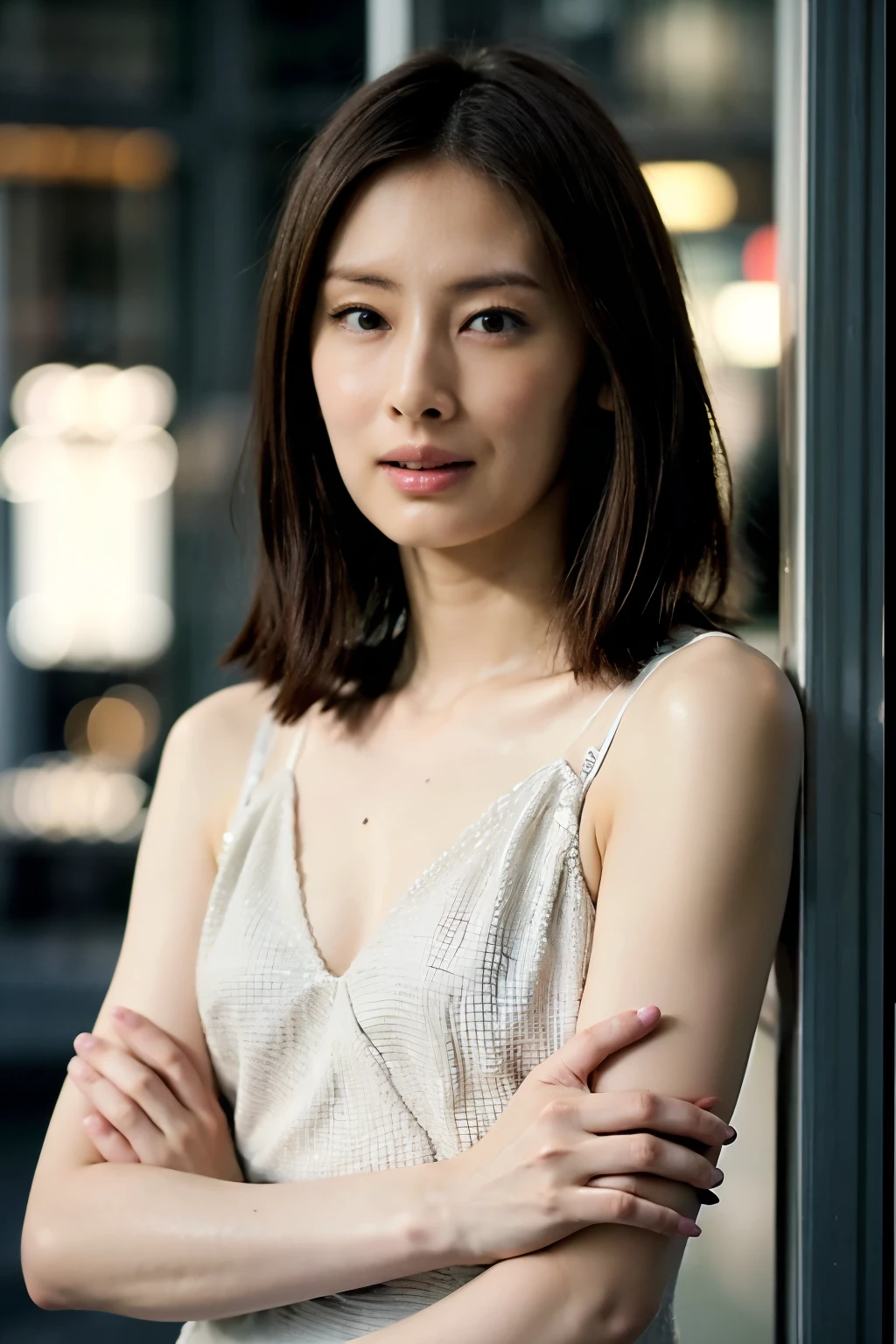masterpiece, high quality,16K,8k,beautiful,Get used to it,Exquisite,extremely Get used to it, finely Get used to it, high quality, insanely Get used to it, ultra Get used to it, Ultra-high resolution, high quality, beautiful face, Japanese, Browsing Caution,(lingerie:1.3),Wet,She is short,A woman holds her breasts with both hands, Illuminated by the neon lights of a busy downtown area on a rainy night.,Glowing Skin,Detail Skin,It gives me goosebumps,A small smile