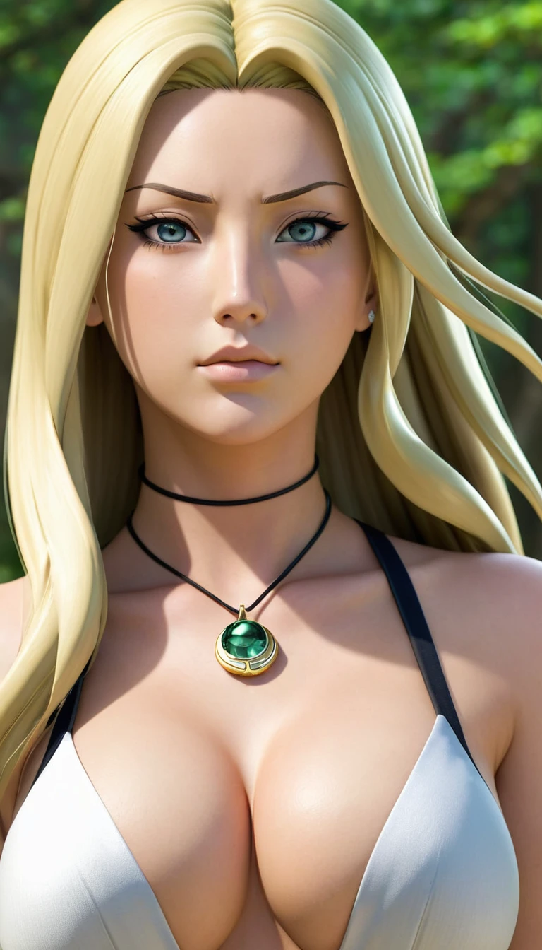 Tsunade from “NARUTO” is depicted with a confident and approachable demeanor. She has shoulder-length blonde hair that frames her face, with a prominent diamond-shaped mark on her forehead, signifying her immense chakra reserves and healing abilities. Her breast is very big, ultra natural ig breast, ultra realistic body, ultra hd, ultra realistic face, big breast, braless, smooth vagina, full body, sexy, realistic face
