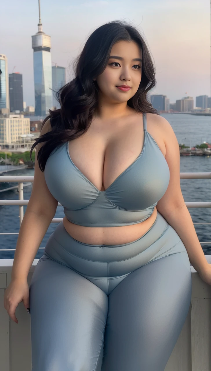 ((best quality)), ((masterpiece)), (detailed), perfect face, araffeTight skirtsShort , thicc, wavy short hair, she has a jiggly fat round belly, bbwchan, wearing tight simple clothes, skinny waist and thick hips, widest hips, her belly is fat and round, soft curvy shape, hyperrealistic full figure, wearing a cute top, wide hips, Blue swimsuit,On the beach by the seaBlue