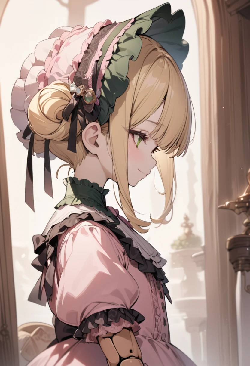 Blonde hair,ringlet,emerald green eyes,long eyelashes,light pink victorian dress,puffy short sleeves,frilled dress,frilly wide brimmed Bonnet with bows,fringe bangs,bustshot,masterpiece,highress,soft smile,bishoujo,peterpan collar,sideview,facing away,solo,(pink clothes),ball joins,doll joints,