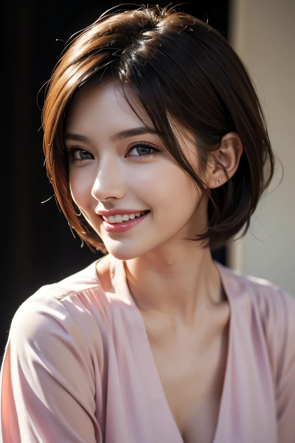 ((masterpiece)), ((Highest quality)), ((Complex)), ((Surreal)), (Realistic), (Mature Woman), ((No classes)), Very detailed, (1 female), Beautiful and exquisite, (Beautiful Teeth), Grin, Brunette Bob Hair, Brown eyes, ((blouse)), (Upper Body), (background:none), Perfect Eyes, Captivating eyes, Looking at the audience