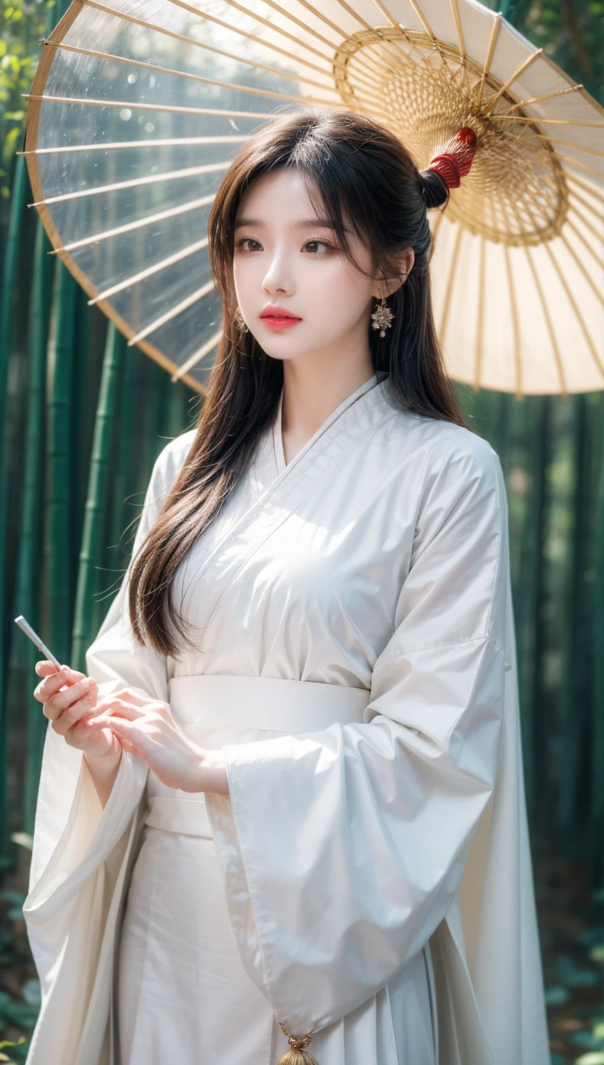 Masterpiece, extremely detailed CG unity 8k wallpaper, 1 girl, beautiful, realistic, blur, blurred background, blurred foreground, bamboo forest, depth of field, earrings, jewelry, nose, realistic, solo, hanfu, holding oli paper umbrella, rain