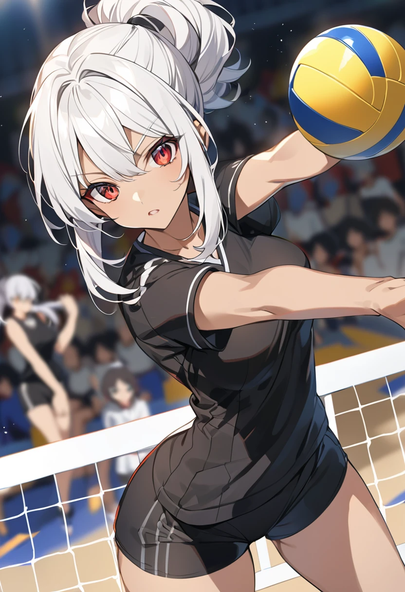 Anime girl white hair red eyes light skin medium large thighs medium breasts playing volleyball in tight and small black uniform