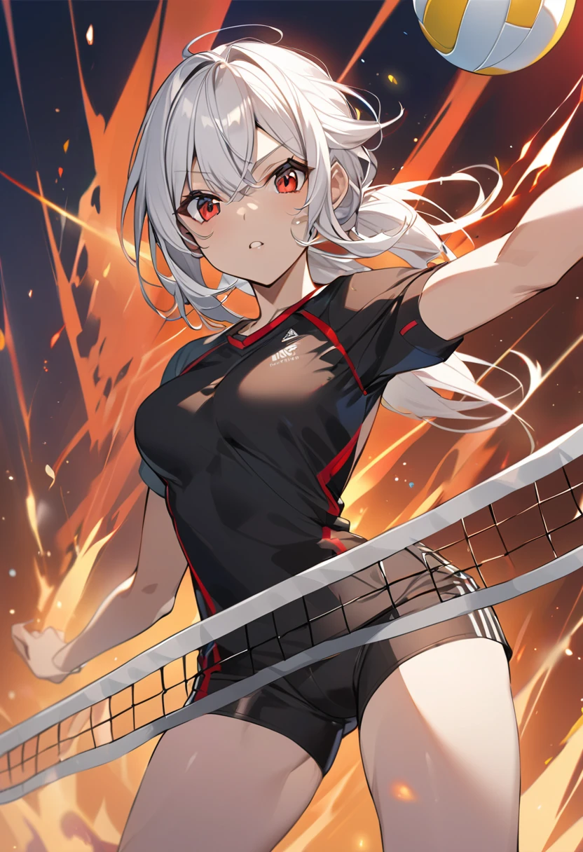 Anime girl white hair red eyes light skin medium large thighs medium playing volleyball in tight and small black uniform