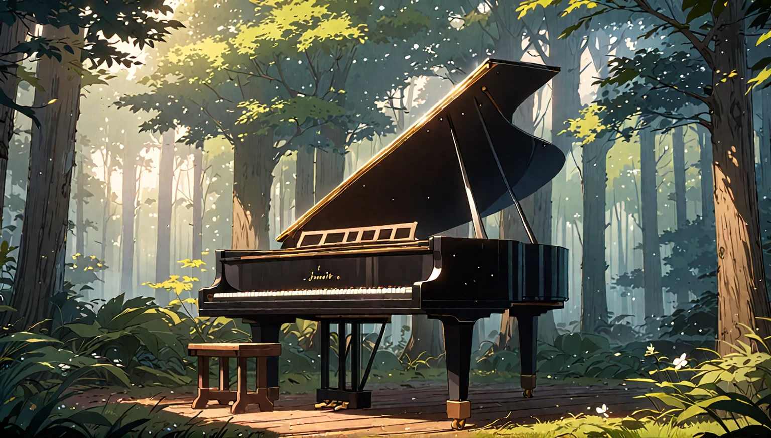 a close up of a piano in a forest with a bench, background artwork, anime art wallpaper 8 k, in style of atey ghailan, anime background art, ( ( makoto shinkai ) ), 8k high quality detailed art, anime art wallpaper 4 k, anime art wallpaper 4k, anime lush john 8k woods、青い花が咲いている、白い花