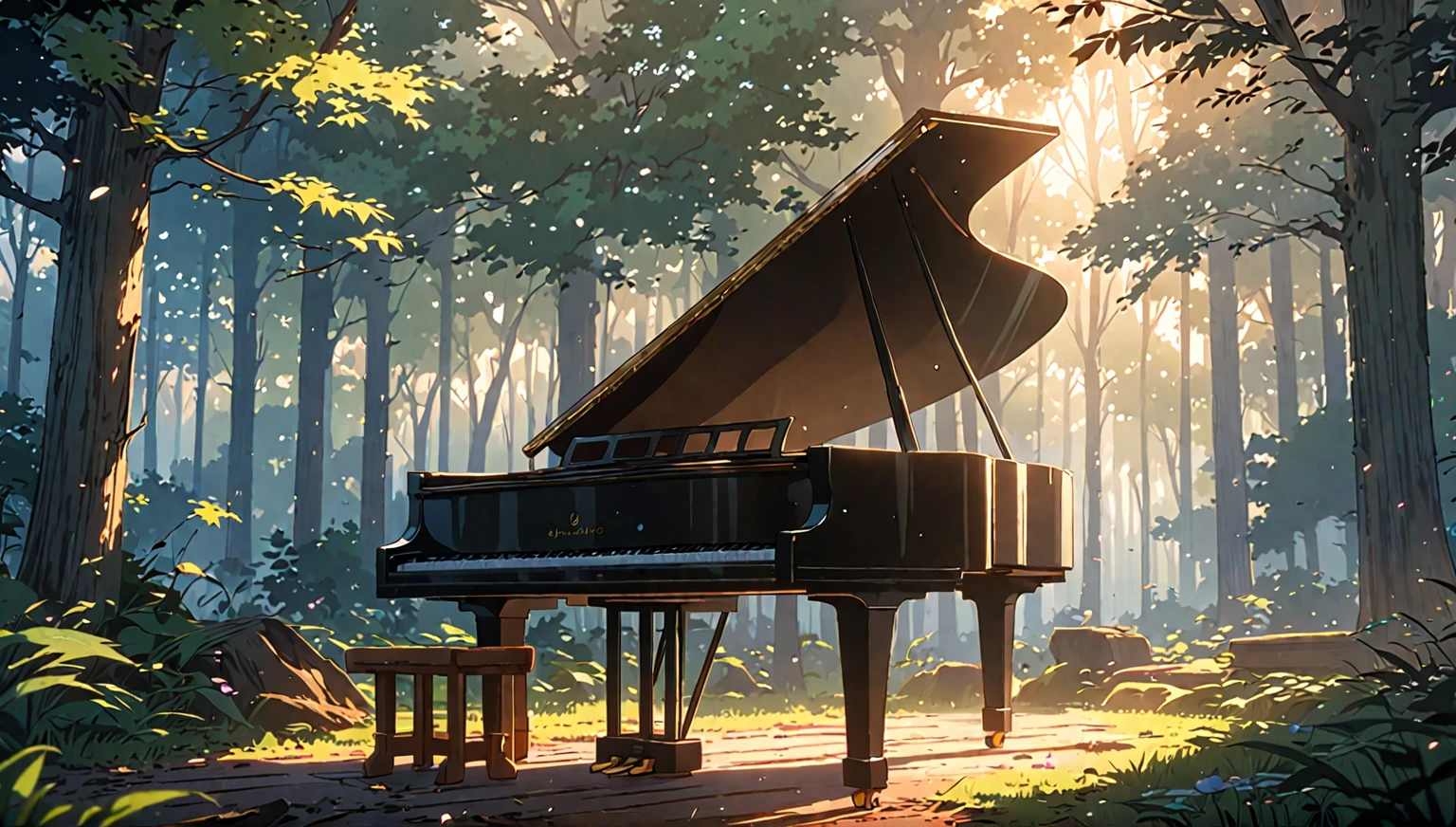 a close up of a piano in a forest with a bench, background artwork, anime art wallpaper 8 k, in style of atey ghailan, anime background art, ( ( makoto shinkai ) ), 8k high quality detailed art, anime art wallpaper 4 k, anime art wallpaper 4k, anime lush john 8k woods、青い花が咲いている、白い花