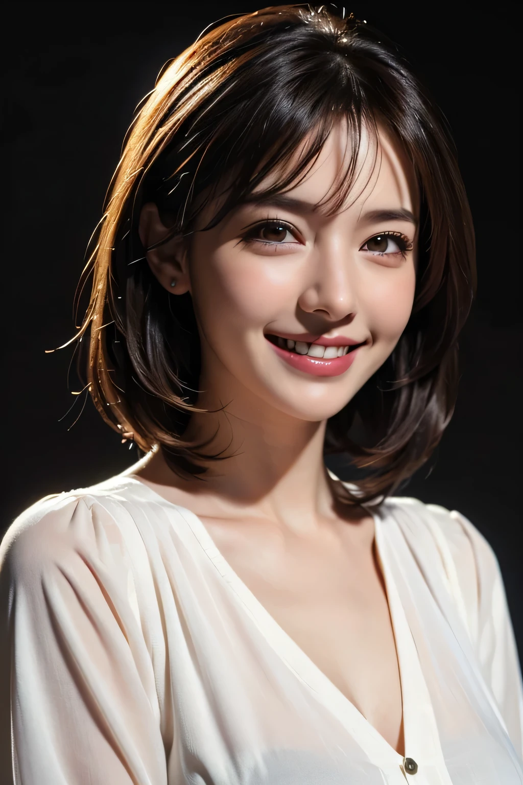 ((masterpiece)), ((Highest quality)), ((Complex)), ((Surreal)), (Realistic), (Mature Woman), ((No classes)), Very detailed, (1 female), Beautiful and exquisite, (Beautiful Teeth), Grin, Brunette Bob Hair, Brown eyes, ((blouse)), (Upper Body), (background:none), Perfect Eyes, Captivating eyes, Looking at the audience