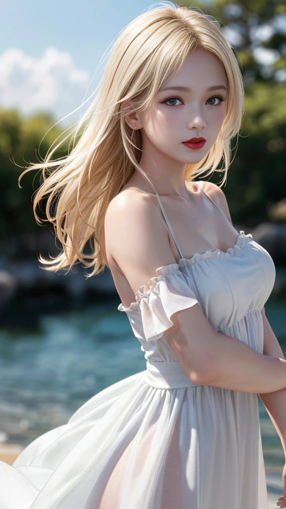 (8K, RAW photo, highest qualityの, masterpiece: 1.2), (realistic, realistic: 1.37), highest quality, ultra high resolution, Light leakage, dynamic lighting, Slim and smooth skin, (whole body:1.3), (soft saturation: 1.6), (Fair skin: 1.2), (Glossy skin: 1.1), oily skin, 22 years ago, night, shiny white blonde, well-shaped breasts, hair blowing in the wind, whole bodyショット, Physically based rendering, from multiple angles, off shoulder pure white dress, Red glowing lipstick