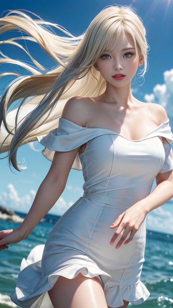 (8K, RAW photo, highest qualityの, masterpiece: 1.2), (realistic, realistic: 1.37), highest quality, ultra high resolution, Light leakage, dynamic lighting, Slim and smooth skin, (whole body:1.3), (soft saturation: 1.6), (Fair skin: 1.2), (Glossy skin: 1.1), oily skin, 22 years ago, night, shiny white blonde, well-shaped breasts, hair blowing in the wind, whole bodyショット, Physically based rendering, from multiple angles, off shoulder pure white dress, Red glowing lipstick