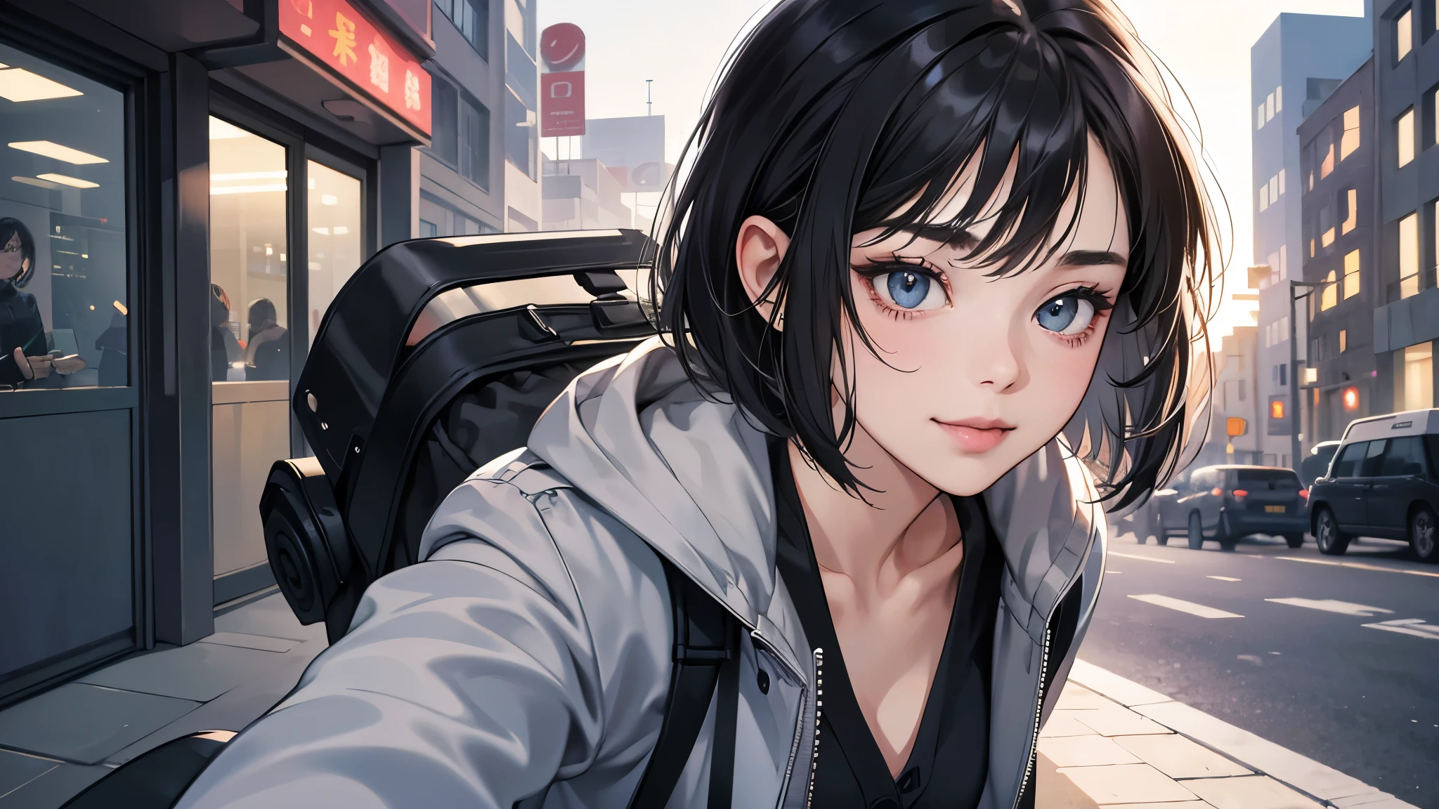 perfect anatomy:1.2)(absurdres, highres, ultra detailed),masterpiece,best quality,high resolution,8k,Realistic face,Realistic skin texture,magnified textures, stunning clarity,detailed anime girl,(ultra detailed eyes and face),(1 girl:1.2)21years old,she is office worker,,smile:1.2,black hair, bob cut,natural make,grey jacket,grey pants,black brouse,sparkling eyes.small nose,roundface,just left the office when it was time to leave,night,bussines district,she is walking,looks happy,feeling freedom