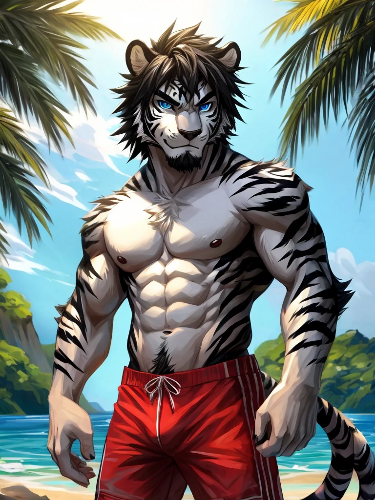 Masterpiece, Solo, Furry Black White Tiger, Blue Eyes, Medium Black Hair, Medium Black Facial Hair, Muscular Body, Cool Pose, Handsome, Good Looking, Adult, Fierce, Smirking, Summer outfit, summer background.