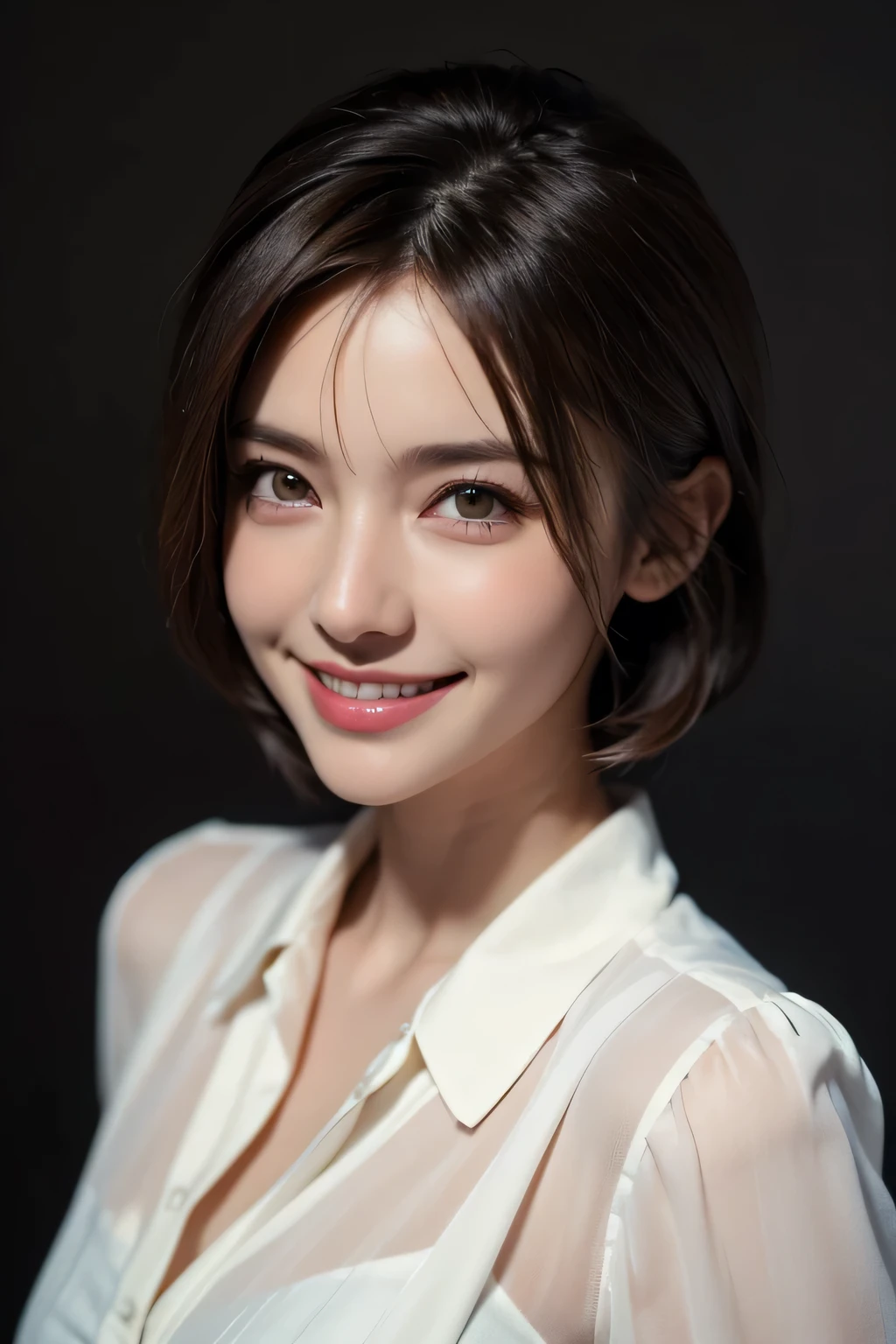 ((masterpiece)), ((Highest quality)), ((Complex)), ((Surreal)), (Realistic), (Mature Woman), ((No classes)), Very detailed, (1 female), Beautiful and exquisite, (Beautiful Teeth), Grin, Brunette Bob Hair, Brown eyes, ((blouse)), (Upper Body), (background:none), Perfect Eyes, Captivating eyes, Looking at the audience
