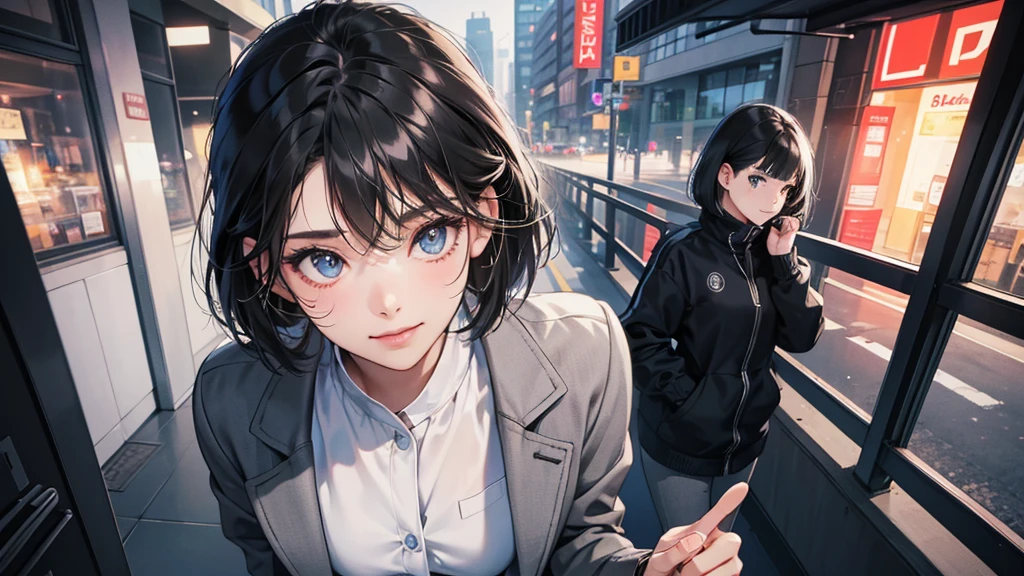 perfect anatomy:1.2)(absurdres, highres, ultra detailed),masterpiece,best quality,high resolution,8k,Realistic face,Realistic skin texture,magnified textures, stunning clarity,detailed anime girl,(ultra detailed eyes and face),(1 girl:1.2)21years old,she is office worker,,smile:1.2,black hair, bob cut,natural make,grey jacket,grey pants,black brouse,sparkling eyes.small nose,roundface,just left the office when it was time to leave,night,bussines district,she is walking,looks happy,feeling freedom