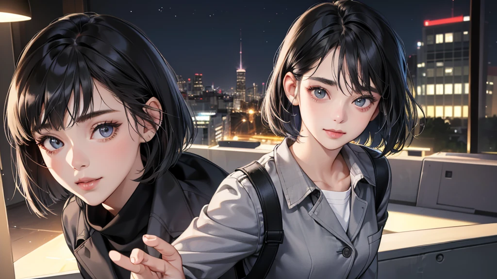 perfect anatomy:1.2)(absurdres, highres, ultra detailed),masterpiece,best quality,high resolution,8k,Realistic face,Realistic skin texture,magnified textures, stunning clarity,detailed anime girl,(ultra detailed eyes and face),(1 girl:1.2)21years old,she is office worker,,smile:1.2,black hair, bob cut,natural make,grey jacket,grey pants,black brouse,sparkling eyes.small nose,roundface,just left the office when it was time to leave,night,bussines district,she is walking,looks happy,feeling freedom