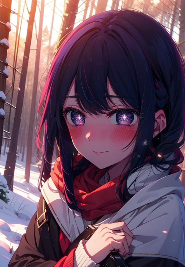 aihoshino, Ai Hoshino, Long Hair, bangs, (Purple eyes:1.1), Purple Hair, (Symbol-shaped pupil:1.5), smile,,smile,blush,white breath,
Open your mouth,snow,Ground bonfire, Outdoor, boots, snowing, From the side, wood, suitcase, Cape, Blurred, , forest, White handbag, nature,  Squat, Mouth closed, Cape, winter, Written boundary depth, Black shoes, red Cape break looking at viewer, Upper Body, whole body, break Outdoor, forest, nature, break (masterpiece:1.2), Highest quality, High resolution, unity 8k wallpaper, (shape:0.8), (Beautiful and beautiful eyes:1.6), Highly detailed face, Perfect lighting, Extremely detailed CG, (Perfect hands, Perfect Anatomy),