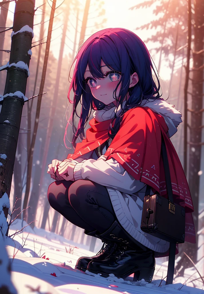 aihoshino, Ai Hoshino, Long Hair, bangs, (Purple eyes:1.1), Purple Hair, (Symbol-shaped pupil:1.5), smile,,smile,blush,white breath,
Open your mouth,snow,Ground bonfire, Outdoor, boots, snowing, From the side, wood, suitcase, Cape, Blurred, , forest, White handbag, nature, Squat, Mouth closed, Cape, winter, Written boundary depth, Black shoes, red Cape break looking at viewer, Upper Body, whole body, break Outdoor, forest, nature, break (masterpiece:1.2), Highest quality, High resolution, unity 8k wallpaper, (shape:0.8), (Beautiful and beautiful eyes:1.6), Highly detailed face, Perfect lighting, Extremely detailed CG, (Perfect hands, Perfect Anatomy),