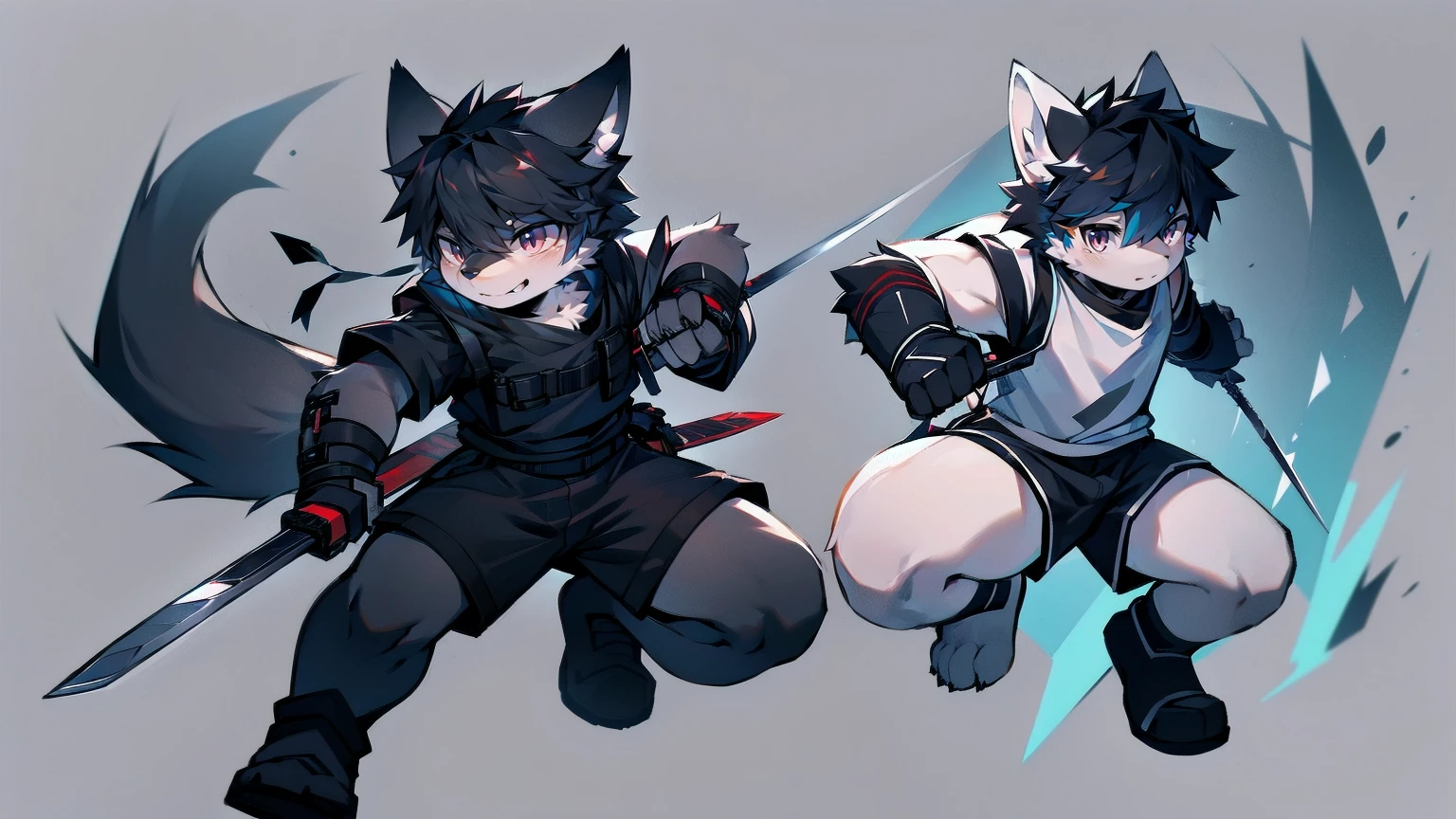 White Wolf,black hair,Red eyes,Wolf ears,Wolf Tail,juvenile,male,hairy,Hair,Half body armor,Combat uniform,Silver and black clothing,Handsome,Handsome,shorts,The forearm is exposed,leg,Fighting Stance,Duel,Two people,Anxious,Armed with a sword,Simple background,Swords