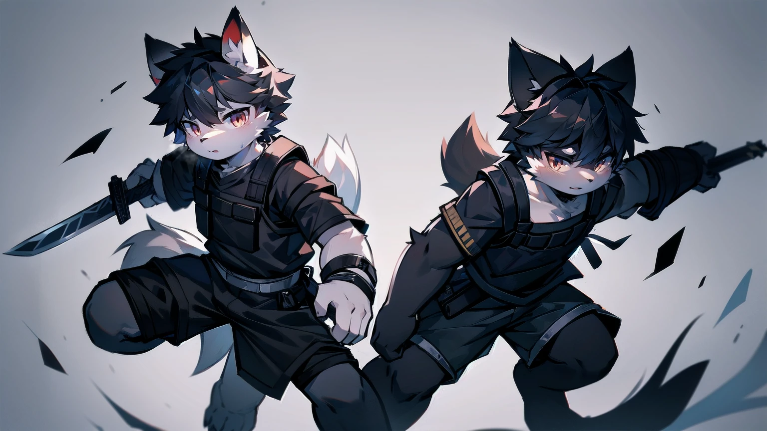 White Wolf,black hair,Red eyes,Wolf ears,Wolf Tail,juvenile,male,hairy,Hair,Half body armor,Combat uniform,Silver and black clothing,Handsome,Handsome,shorts,The forearm is exposed,leg,Fighting Stance,Duel,Two people,Anxious,Armed with a sword,Simple background,Swords