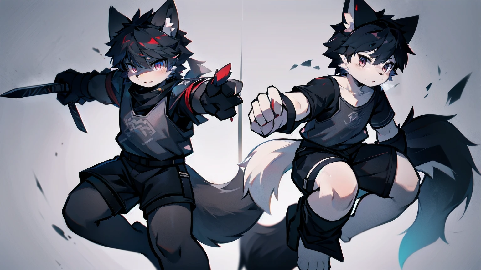 White Wolf,black hair,Red eyes,Wolf ears,Wolf Tail,juvenile,male,hairy,Hair,Half body armor,Combat uniform,Silver and black clothing,Handsome,Handsome,shorts,The forearm is exposed,leg,Fighting Stance,Duel,Two people,Anxious,Armed with a sword,Simple background,Swords