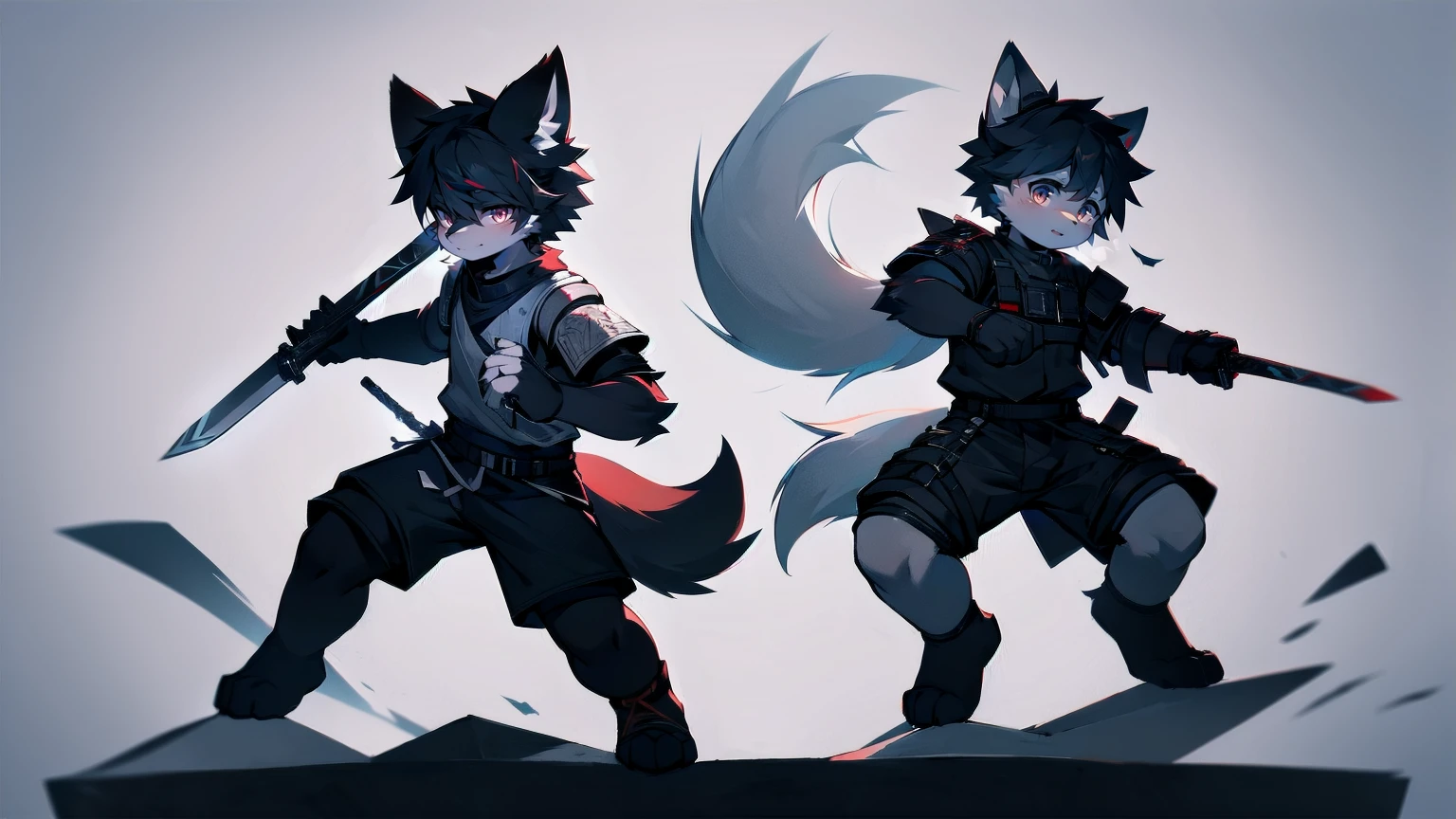 White Wolf，black hair，Red eyes，Wolf ears，Wolf Tail，juvenile，male，hairy，Hair，Half body armor，Combat uniform，Silver and black clothing，Handsome，Handsome，shorts，The forearm is exposed，leg，Fighting Stance，Duel，Two people，Anxious，Armed with a sword，Simple background，Swords