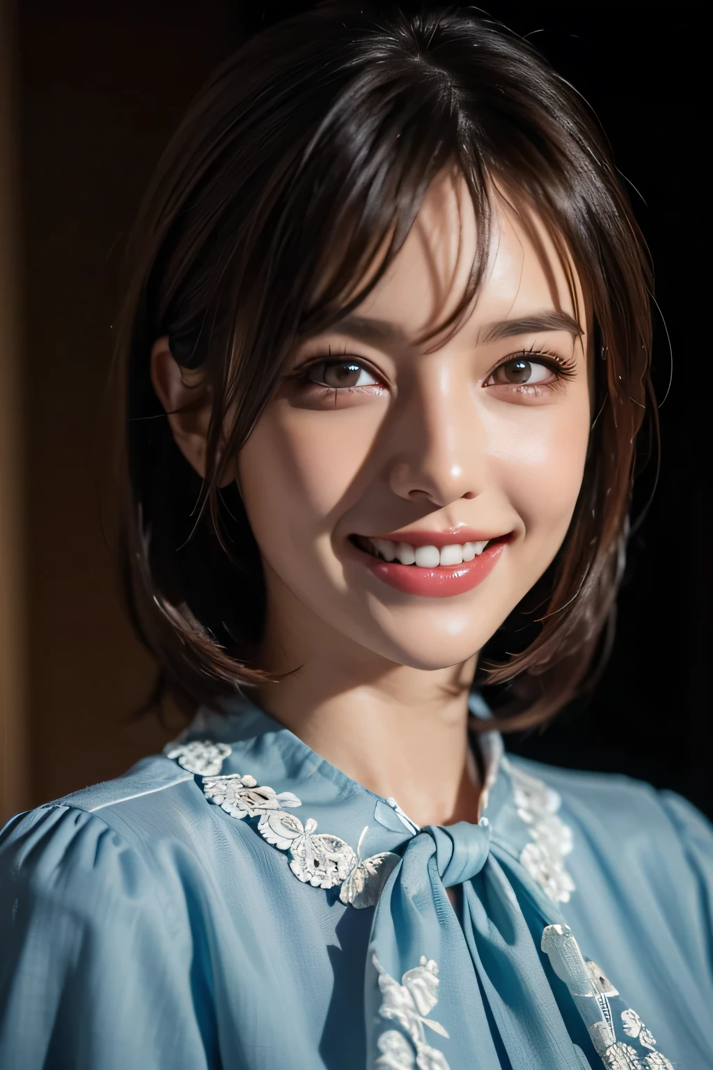 ((masterpiece)), ((Highest quality)), ((Complex)), ((Surreal)), (Realistic), (Mature Woman), ((No classes)), Very detailed, (1 female), Beautiful and exquisite, (Beautiful Teeth), Grin, Brunette Bob Hair, Brown eyes, ((blouse)), (Upper Body), (background:none), Perfect Eyes, Captivating eyes, Looking at the audience
