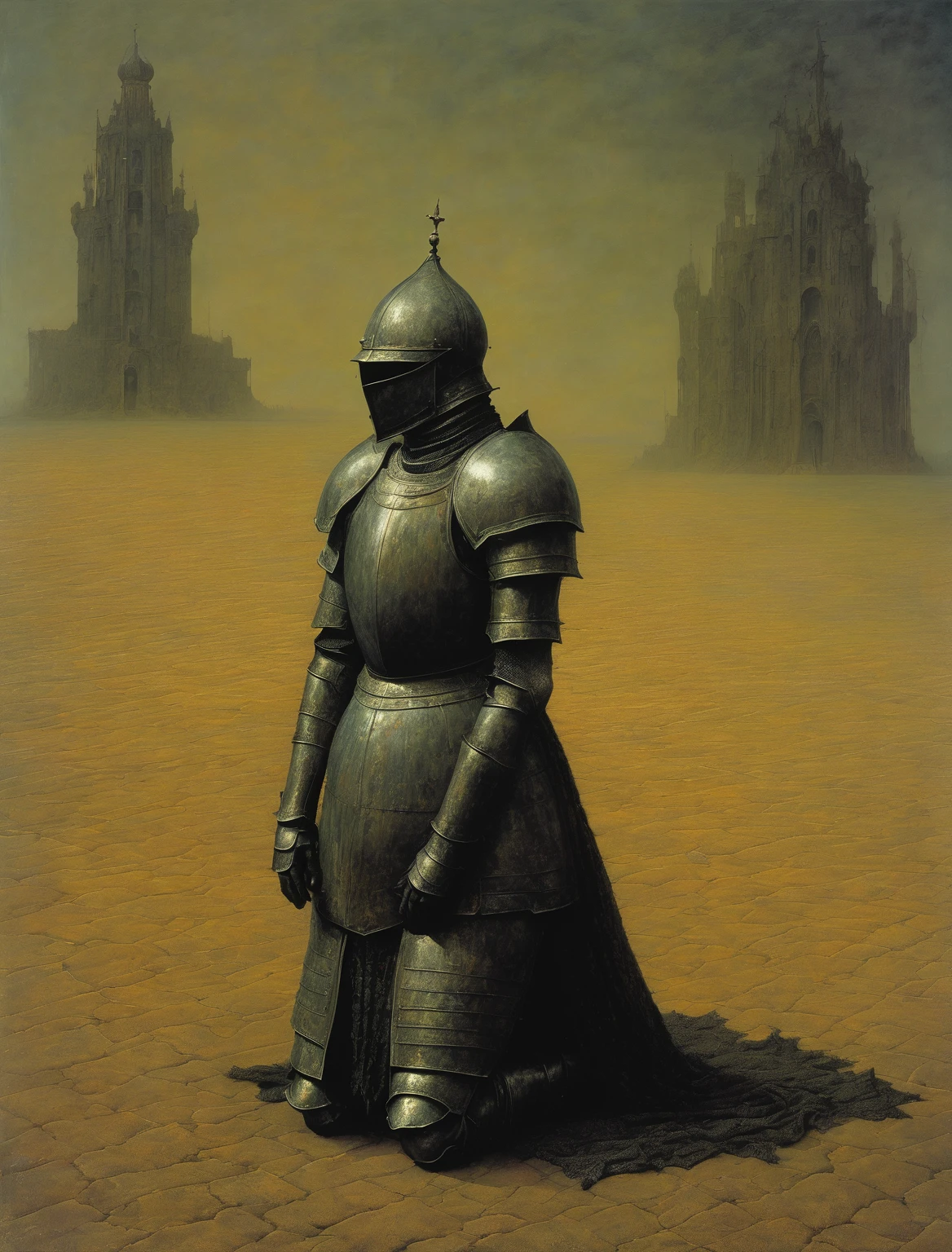 Armoured Knight, praying on his knees, gothic, renaissance, Zdzisław Beksiński