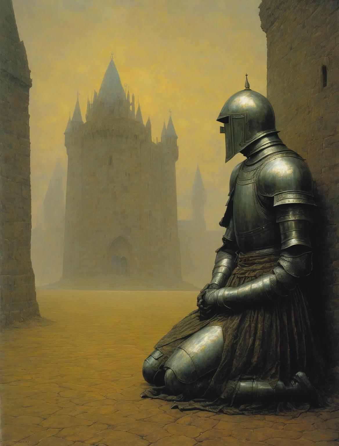 Armoured Knight, praying on his knees, gothic, renaissance, Zdzisław Beksiński