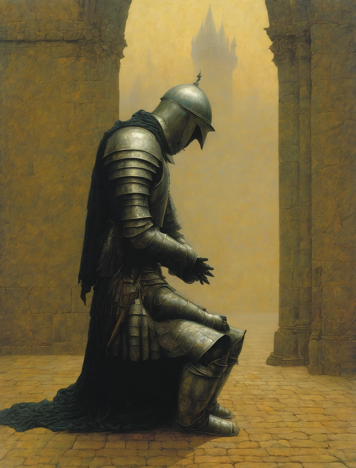 Armoured Knight, praying on his knees, gothic, renaissance, Zdzisław Beksiński