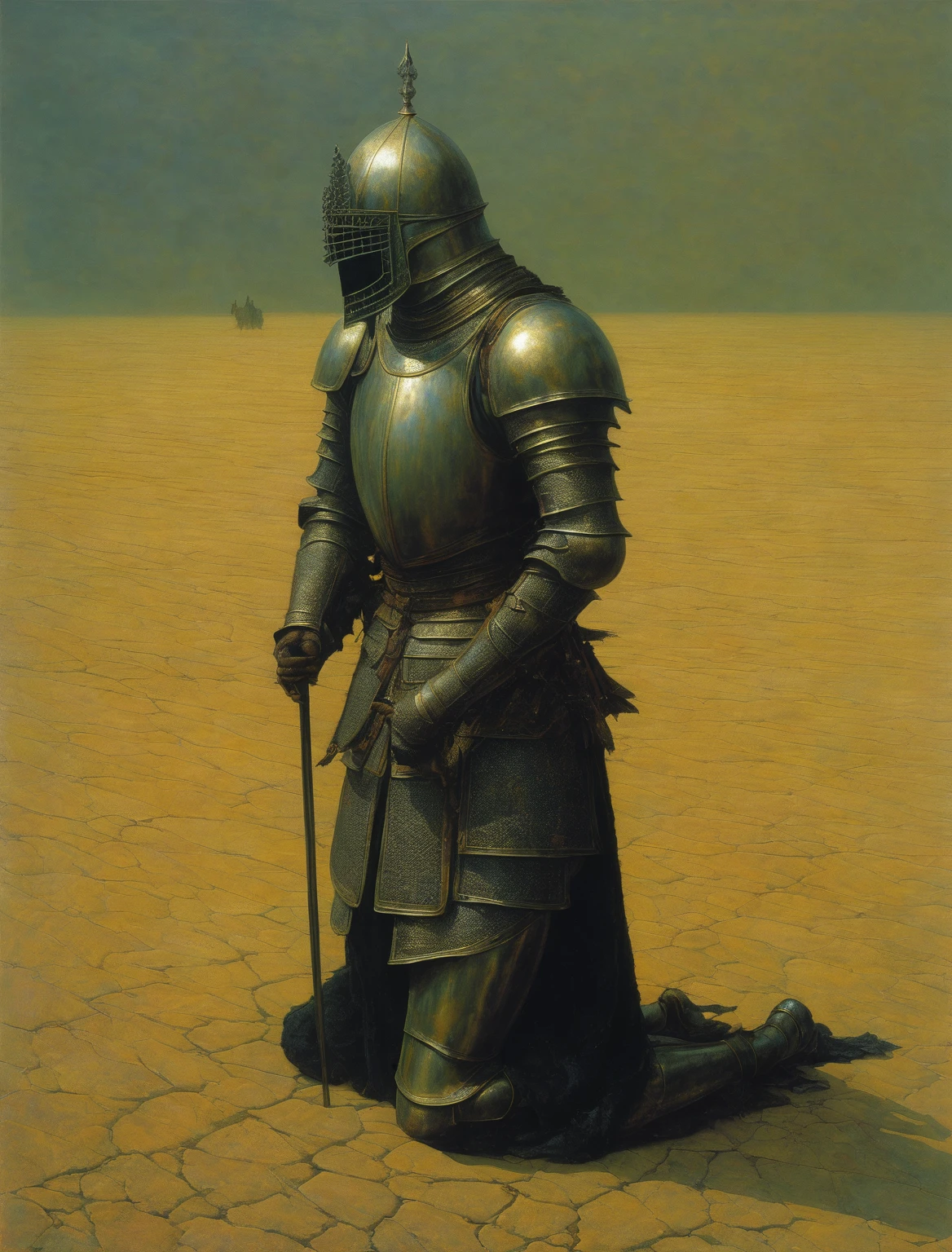 Armoured Knight, praying on his knees, gothic, renaissance, Zdzisław Beksiński