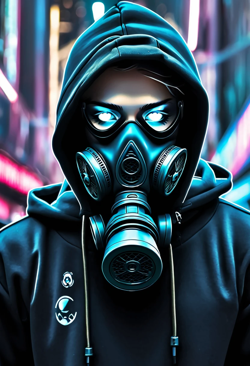 gas mask and hood on, hoodie, hempeaumask, gas mask, wearing a gas mask, gas mask, gas mask, 8k, cyberpunk art, wearing a pitch black hempeau, gas mask 