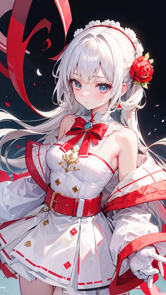 8k, best quality,masterpiece,Very detailed,Semi-realistic,a girl,White off-shoulder top,White gloves,White red striped skirt