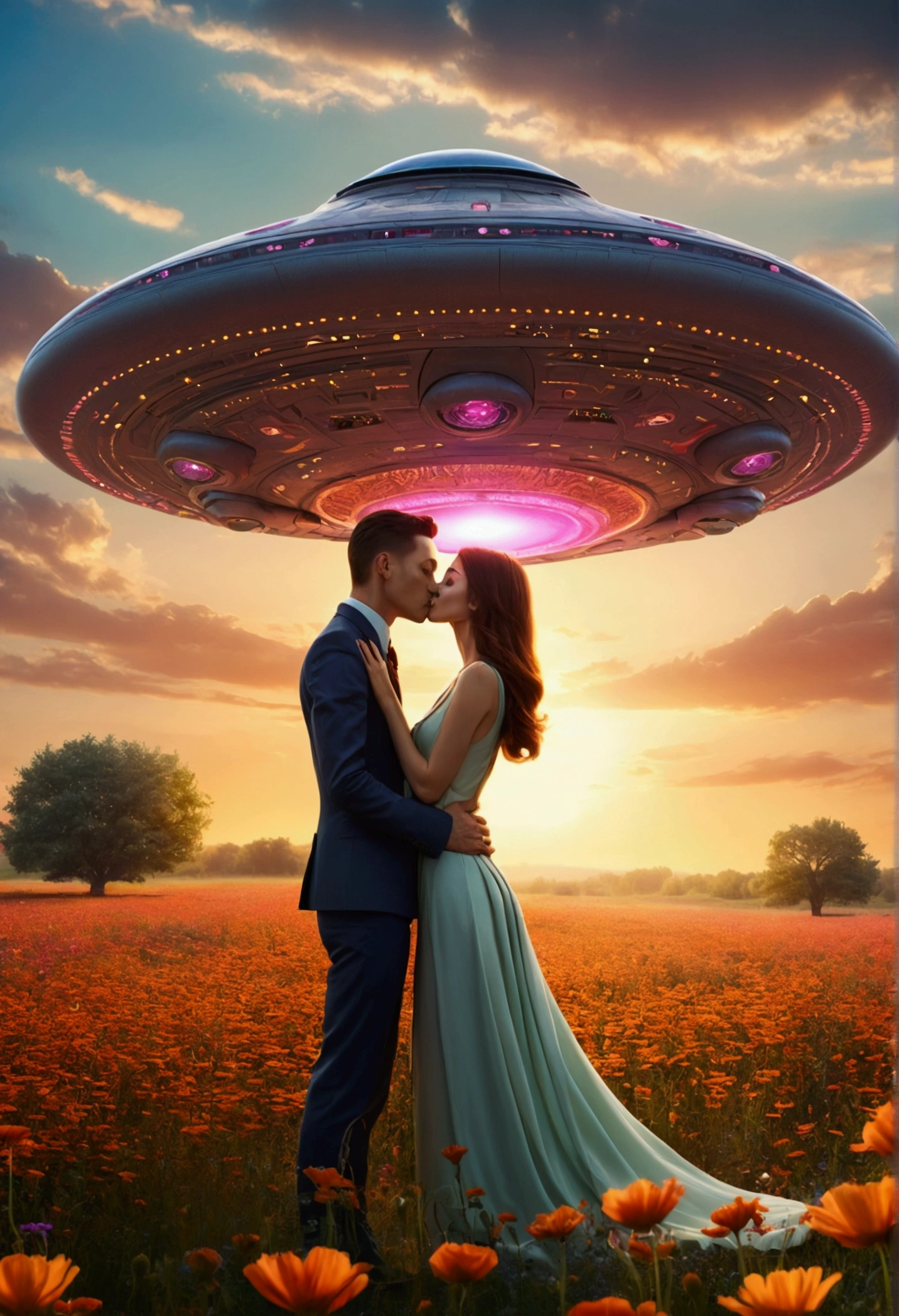 A beautiful human woman is in love with an odd looking extraterrestrial. They are in a flowered field. The UFO transport is in the background . They are kissing under the setting sun.