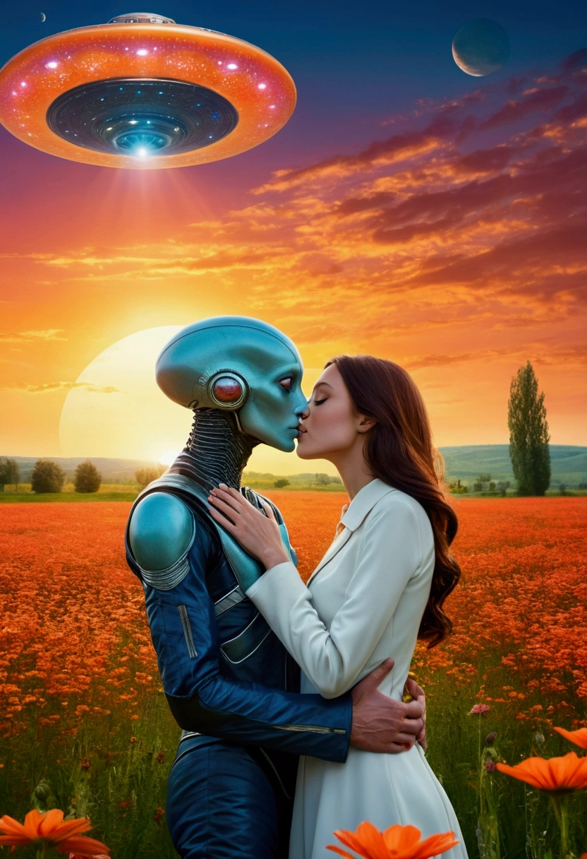 A beautiful human woman is in love with an odd looking extraterrestrial. They are in a flowered field. The UFO transport is in the background . They are kissing under the setting sun.