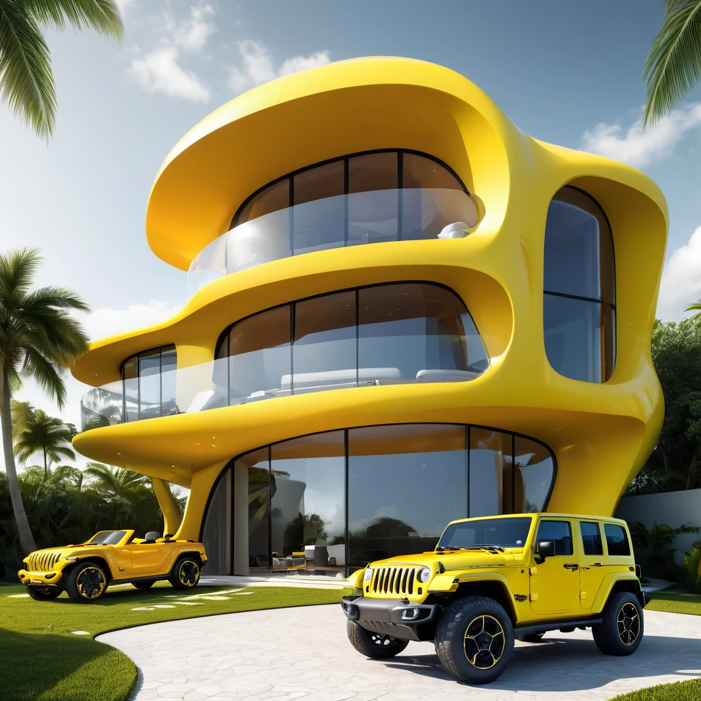 a futuristic house with a floresent yellow jeep wrangler parked in front of it, cgsocietywlop, beautiful curves, intricate devilish designs, qualia, interesting shapes & form, wow factor, elaborate polished, architectural rendering, miami, orange soft lighting in interior of house, futuristic battlefield, inspired by James E. Brewton, precise architectural rendering