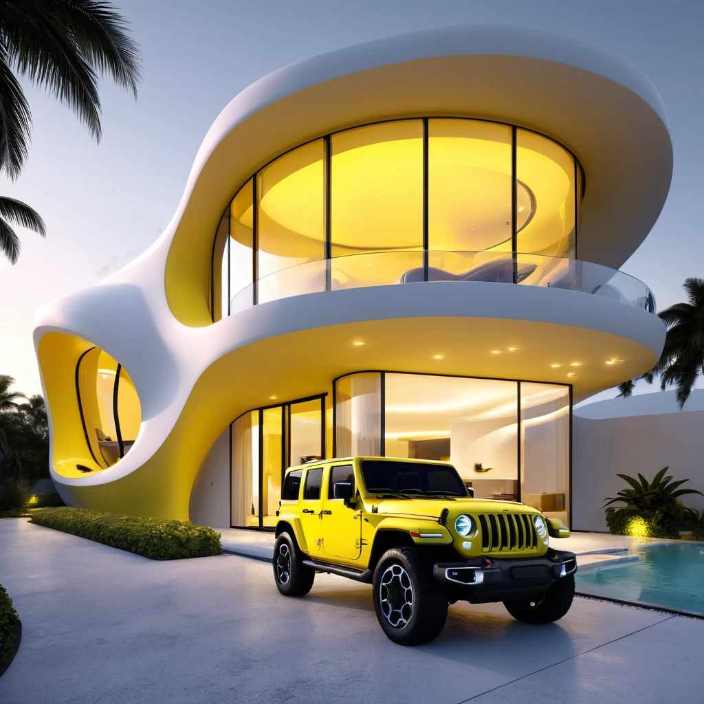 a futuristic house with a floresent yellow jeep wrangler parked in front of it, cgsocietywlop, beautiful curves, intricate devilish designs, qualia, interesting shapes & form, wow factor, elaborate polished, architectural rendering, miami, orange soft lighting in interior of house, futuristic battlefield, inspired by James E. Brewton, precise architectural rendering