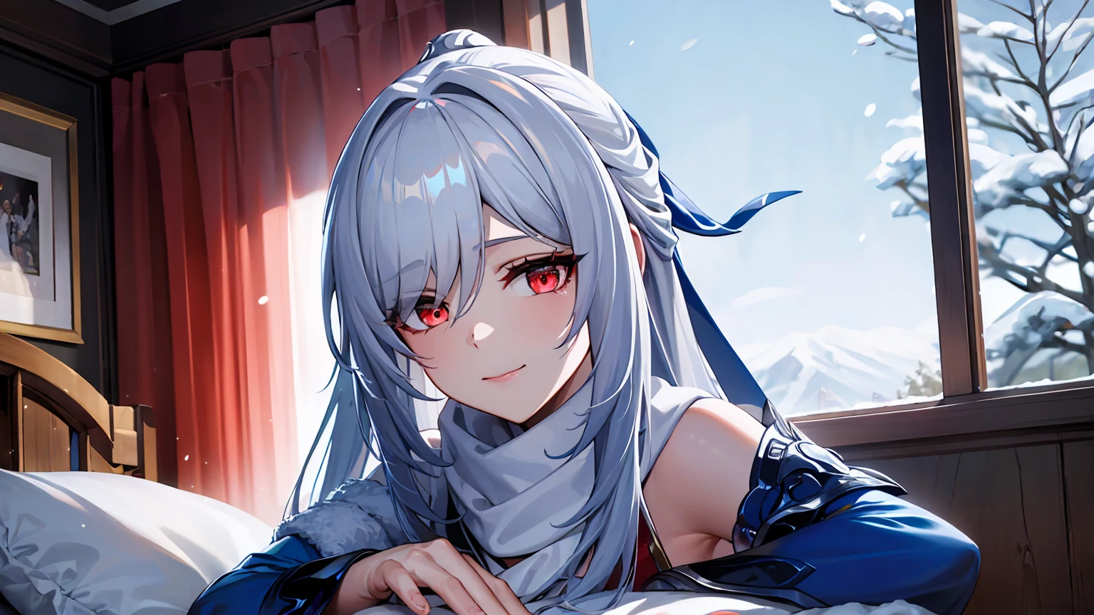 masterpiece, best quality, JingliuV5, white hair, long hair, red eyes, white dress, white sailor collar, white scarf, sitting on bed, indoors, bedroom, windows, blue sky, winter, snow, warm smile, upper body. closed mouth,