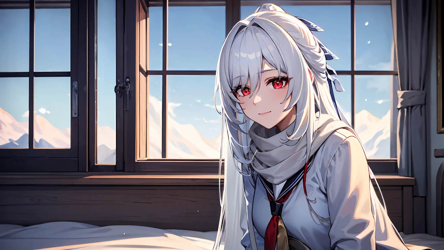 masterpiece, best quality, JingliuV5, white hair, long hair, red eyes, white dress, white sailor collar, white scarf, sitting on bed, indoors, bedroom, windows, blue sky, winter, snow, warm smile, upper body. closed mouth,
