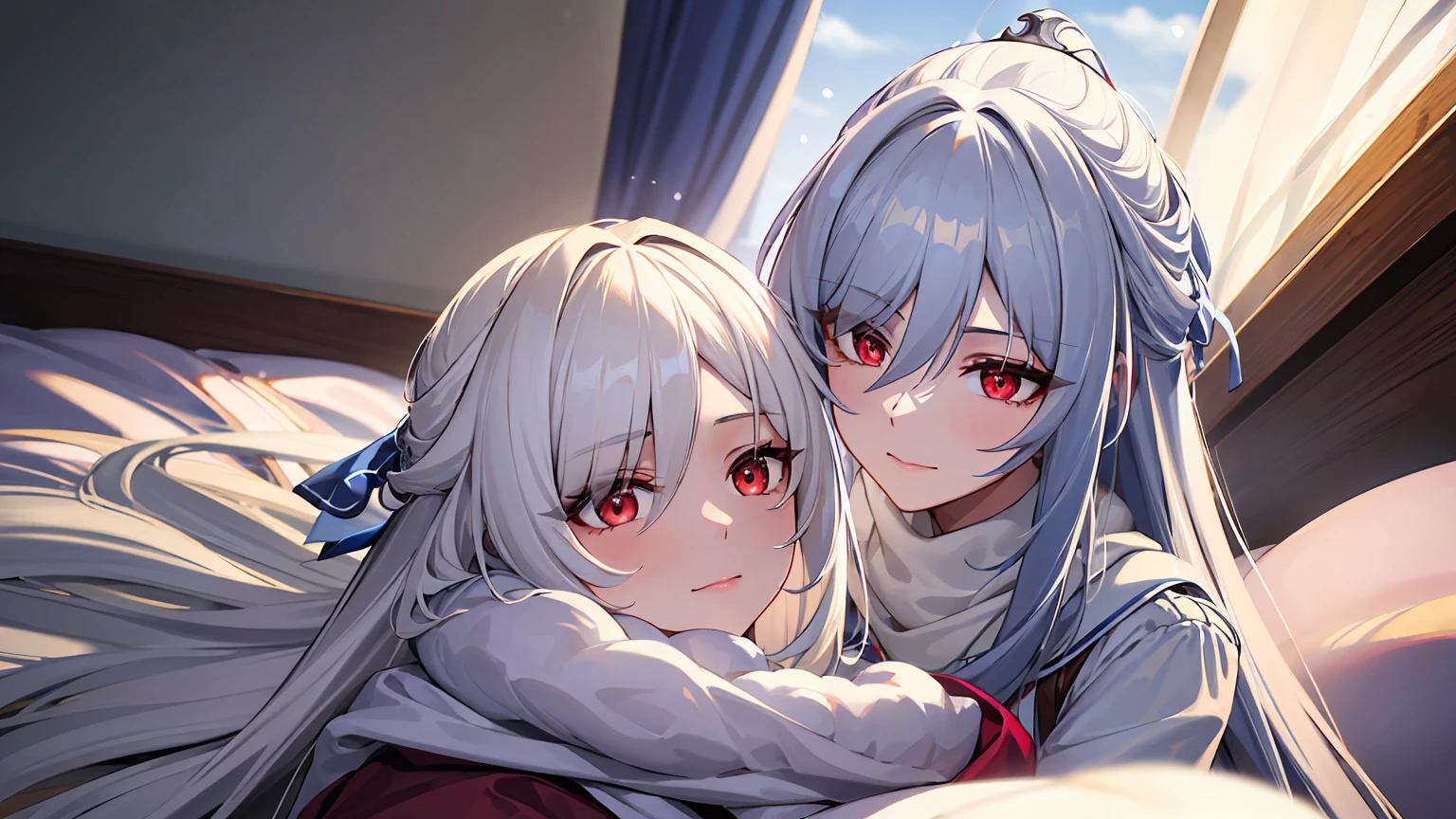 masterpiece, best quality, JingliuV5, white hair, long hair, red eyes, white dress, white sailor collar, white scarf, sitting on bed, indoors, bedroom, windows, blue sky, winter, snow, warm smile, upper body. closed mouth,