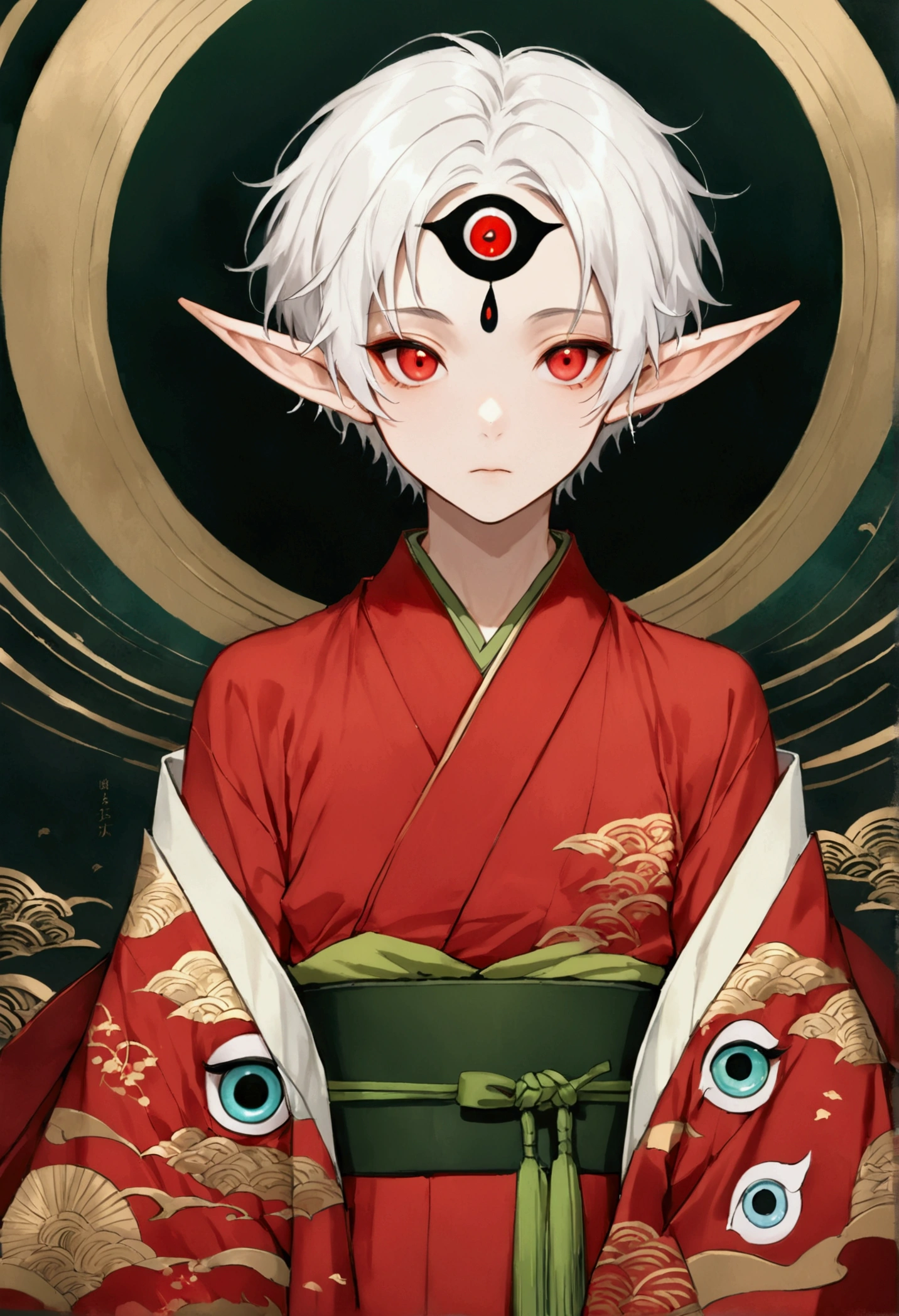 (((1 Boy,独奏,third eye on the forehead,Dark eyeshadow.Middle-parted white hair-super short hair,Elf ears))),(((Gorgeous Japanese red kimono:1.6,Eye Diagram,Dark Pattern))).(((Thin waist,Greenbelt:1.37)))