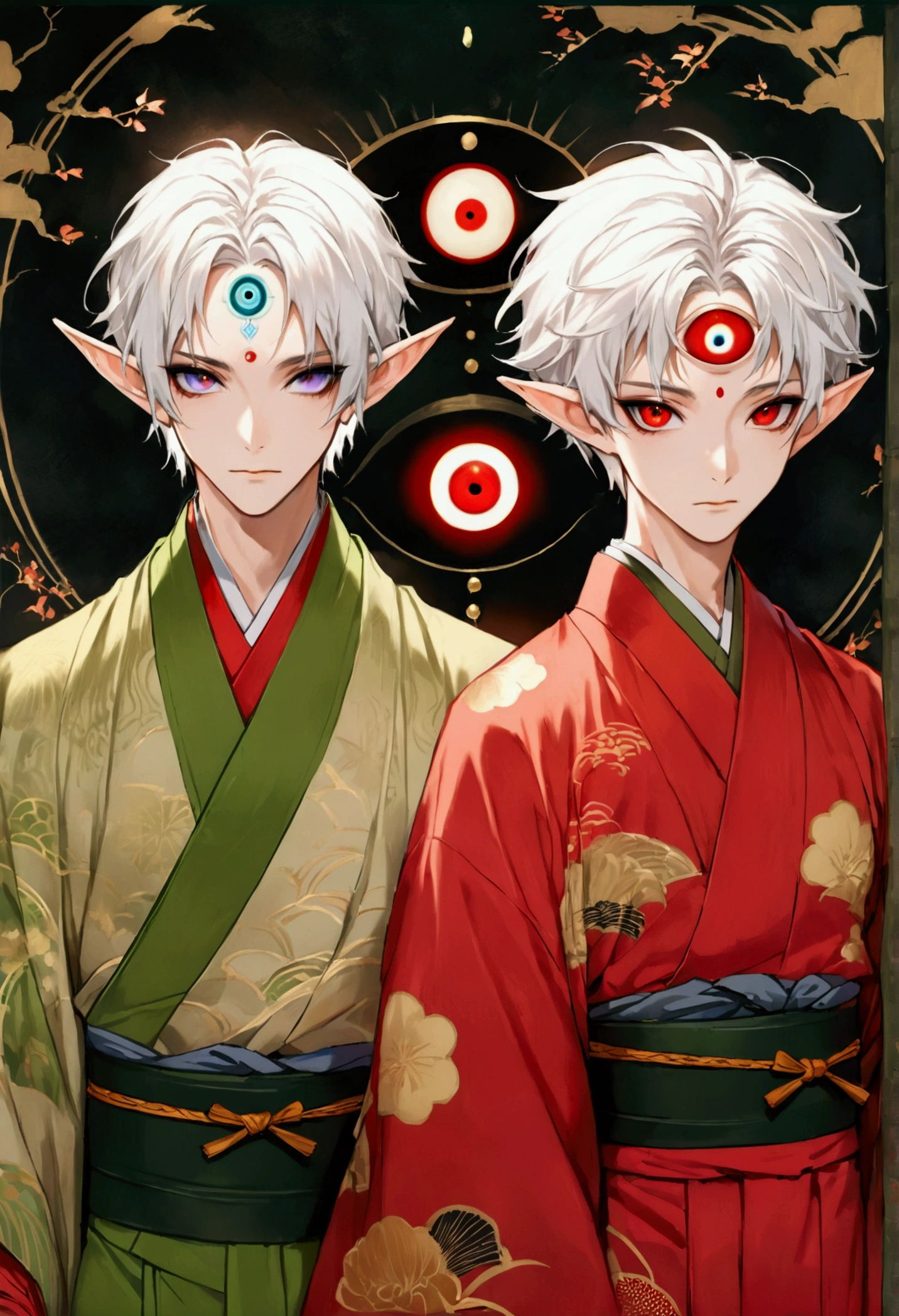 (((1 Boy，独奏，third eye on the forehead，Dark eyeshadow.Middle-parted white hair-super short hair，Elf ears))),(((Gorgeous Japanese red kimono：1.6，Eye Diagram，Dark Pattern))).(((Thin waist，Greenbelt：1.37)))