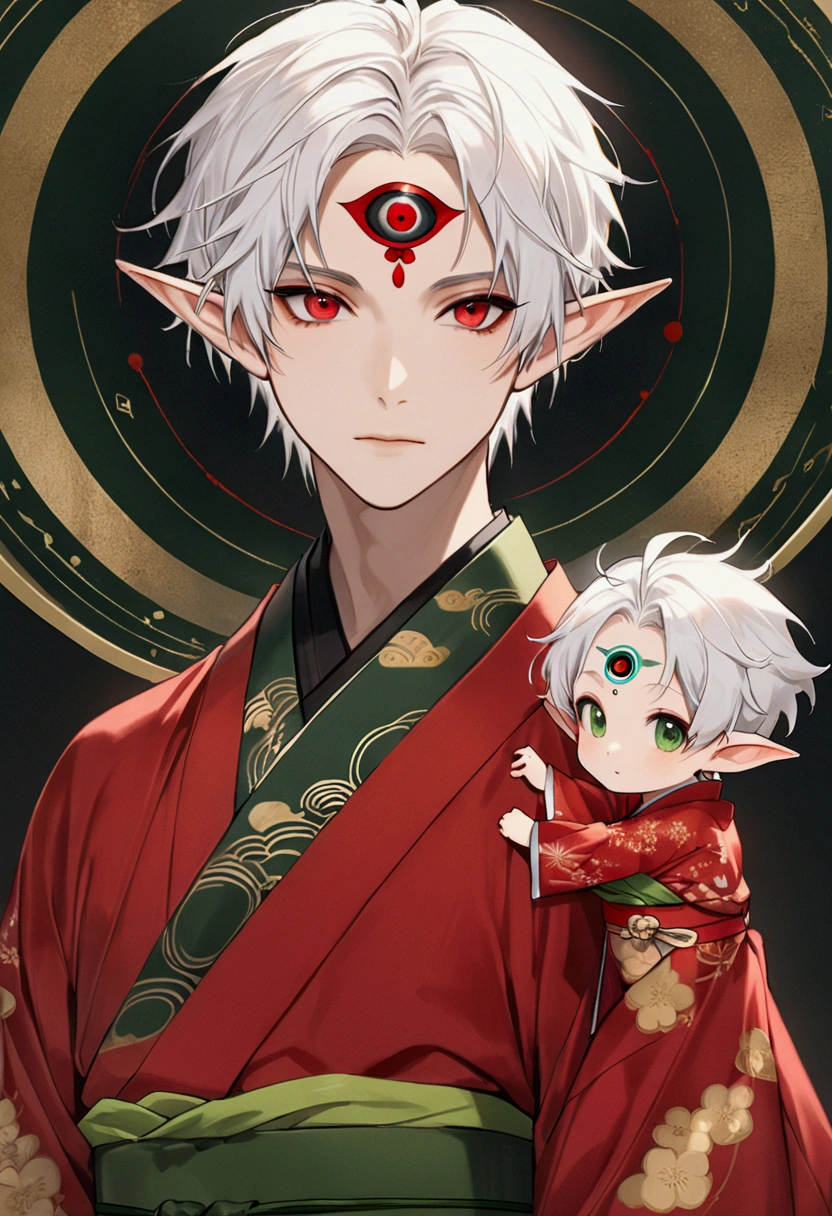 (((1 Boy,独奏,third eye on the forehead,Dark eyeshadow.Middle-parted white hair-super short hair,Elf ears))),(((Gorgeous Japanese red kimono:1.6,Eye Diagram,Dark Pattern))).(((Thin waist,Greenbelt:1.37)))