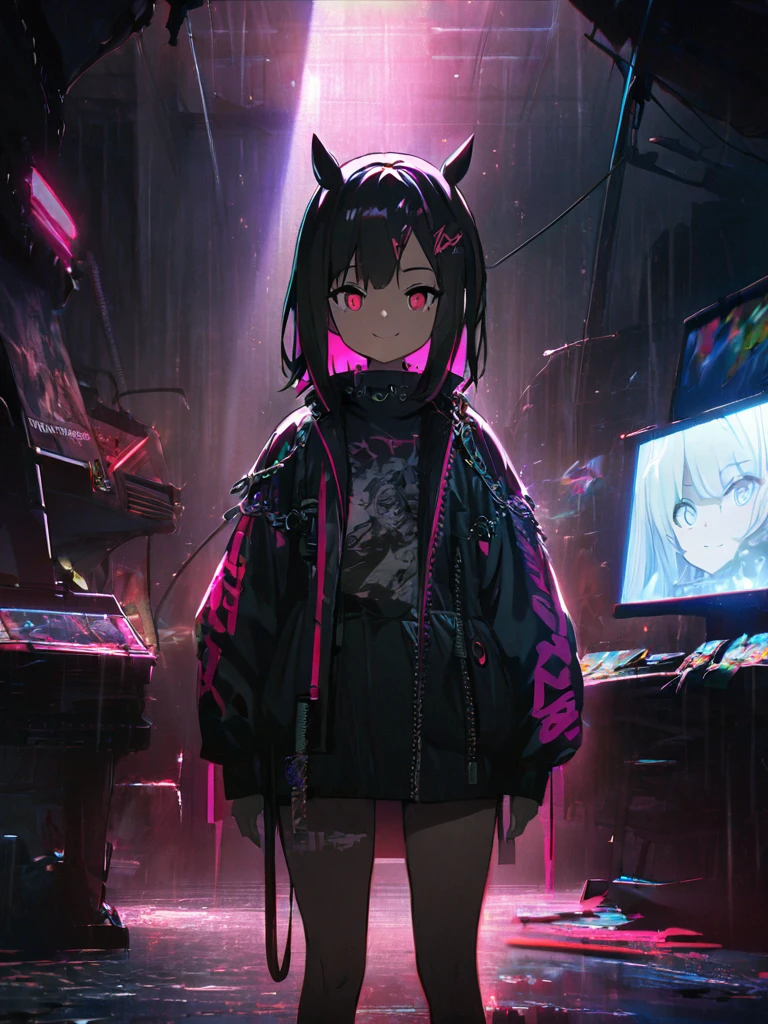 1 girl, chromatic aberration, Written boundary depth, Soft Light, masterpiece, Highest quality, complicated, Tone Mapping, Very deしっぽed, Art Station, Concept Art, Smooth, Clear focus, Dramatic lighting, Very deしっぽed artwork, movie, super practical painting, Art Station's trending, 8k, Incredible Shadows, practical, (Very deしっぽed background:1.0), whole body, View, Viewers, Very deしっぽed portrait of one girl 1, standing on street corner, Heavy rain and lightning、Dark Sky, neon and cyber punk background, she is dressed in punk clothing with silver chains and silver spikes, Her hair was dyed a bright black color.,The middle part is black,, Deしっぽed red eyes with clear pupils, Ominous aura of light, smile, punk, ciber punk, Backlight.An announcer who is knowledgeable about horses'、Hair should be tied back