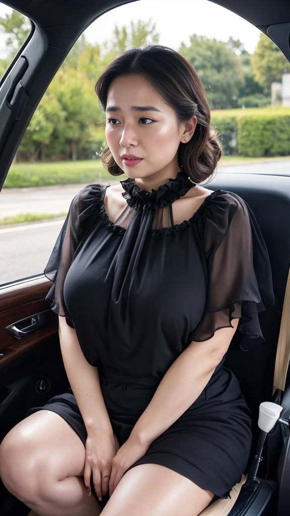 1girl,(masterpiece:1.8),photo-realistic,16k,(beautiful 40s japanese plump lady,chubby:1.5),(in the car:1.2),(black chiffon frilled blouse:1.5),(skirt:1.4),(sandals:1.2),(She puts a handkerchief between her legs:1.6),(leaking pee:1.6),(dripping pee:1.5),(blush:1.5),(panicking:1.5),(sobbing:1.6),brown hair,long hair,straight hair,black eyes,mature woman,MILF,curvy,huge breasts, (heavy makeup:1.3)